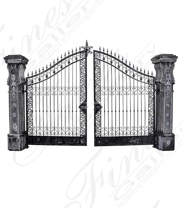 Wrought Iron Entry Gate with Natural Stone Posts