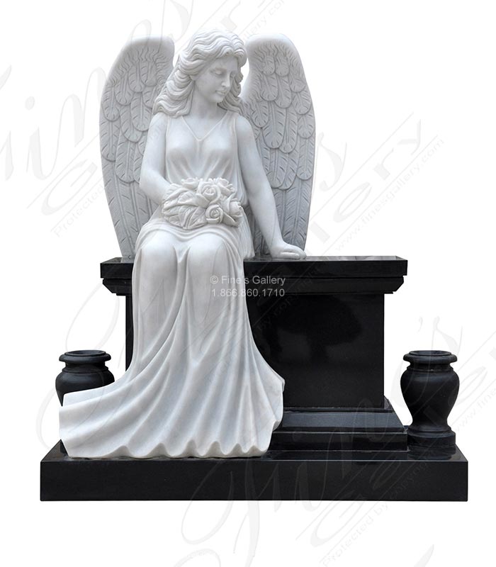 White Marble Angel with Black Granite Bench and Urns