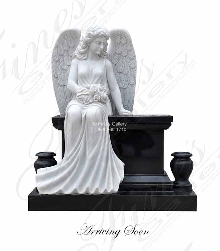 White Marble Angel with Black Granite Bench and Urns