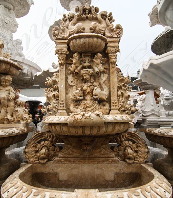 Ornate Hand Carved Wall Fountain in Gold Travertine