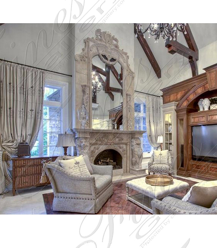 Ornate Marble Fireplace Over Mantel with Lions