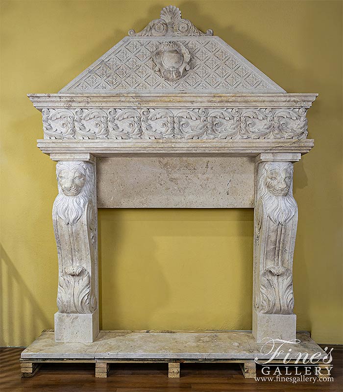 Lion Themed Mantel with Overmantel in Light Travertine