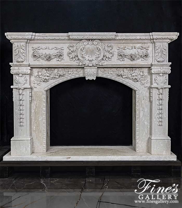 Lavish Floral Garland Italian Perlato Marble Fireplace Mantel