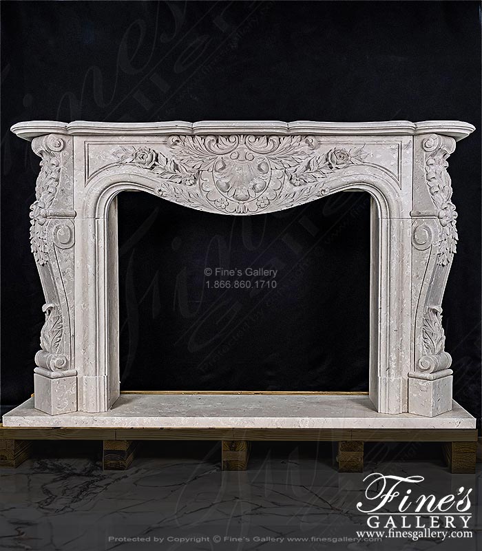 Hand Picked Italian Perlato Marble Ornate Floral Fireplace Mantel