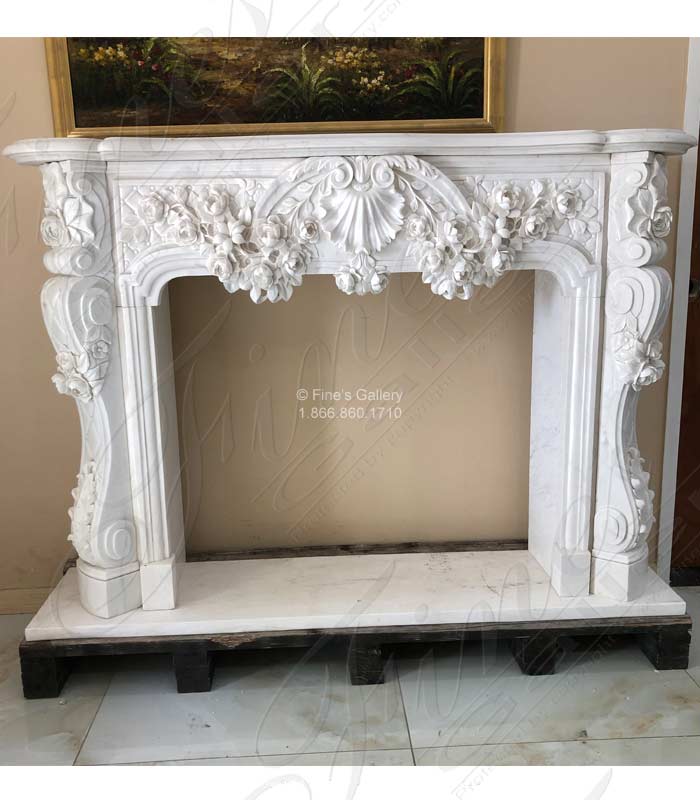 Ornate French Marble Fireplace with Rose Garlands in Deep Relief