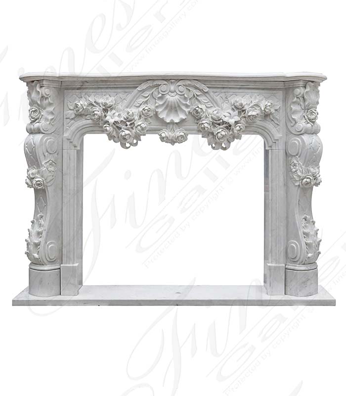 Ornate French Marble Fireplace with Rose Garlands in Deep Relief