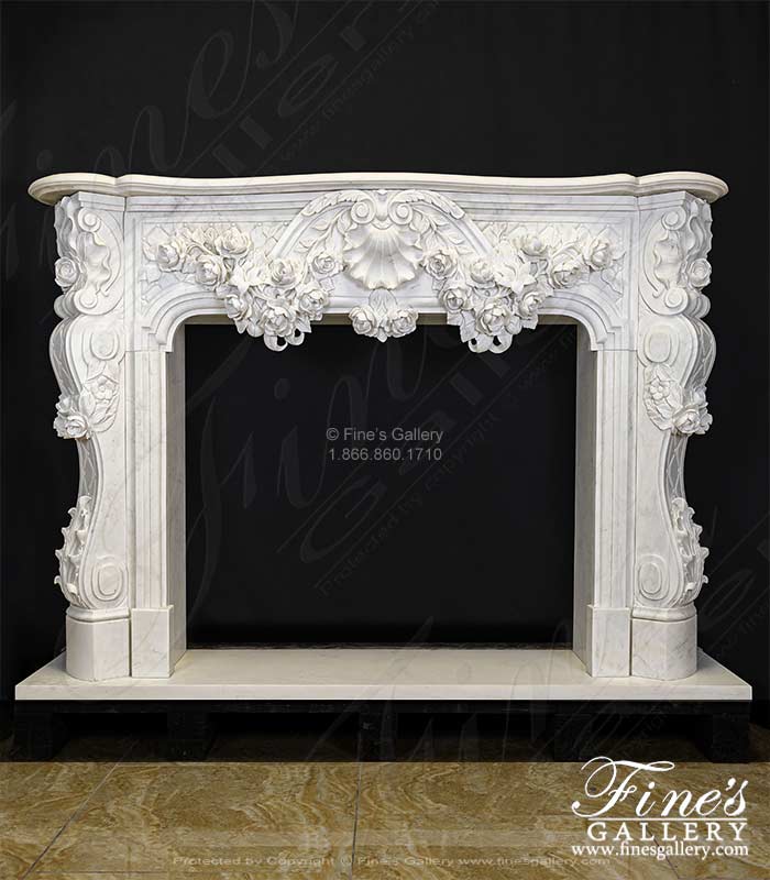 Ornate French Marble Fireplace with Rose Garlands in Deep Relief