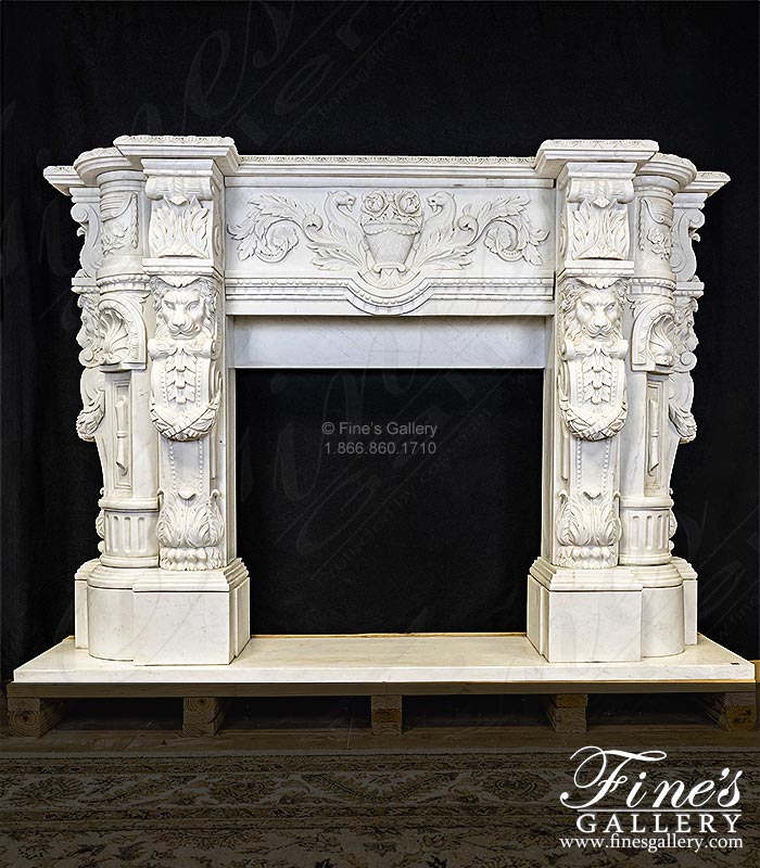 Elaborate Carved Marble Lions Fireplace Mantel