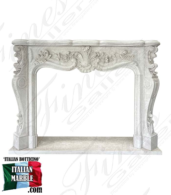 A Deep Relief French Style Mantelpiece in Italian Botticino Marble
