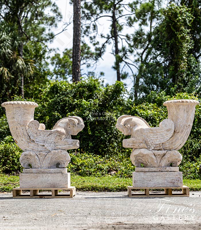 Mythical Ram Planter Pair in Classic Light Travertine