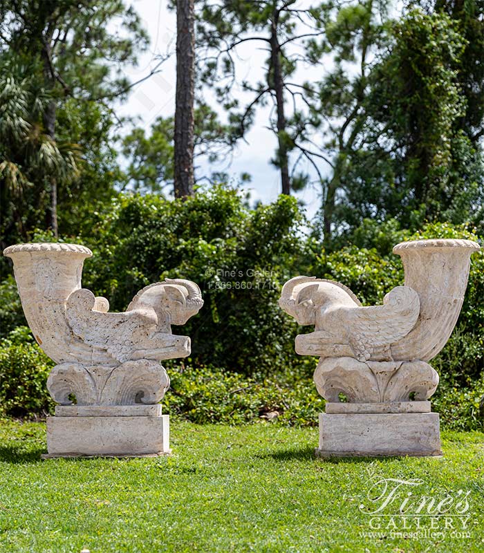 Mythical Ram Planter Pair in Classic Light Travertine