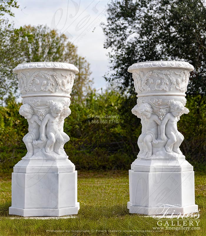 Luxurious Italian Marble Cherub Urn Pair 