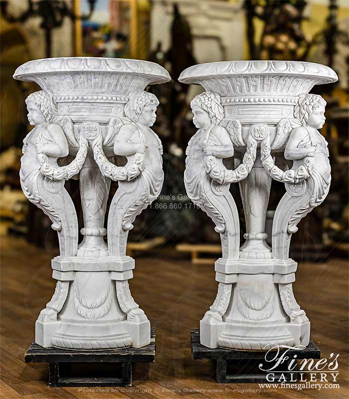 Statuary White Marble Cherub Themed Planter Pair