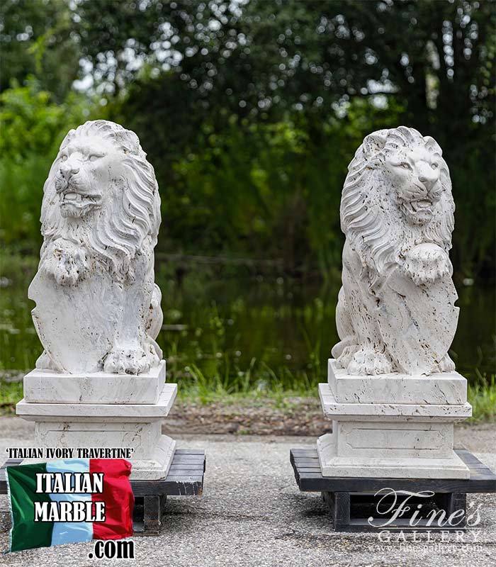 Lion Pair in Hand Carved Italian Ivory Travertine