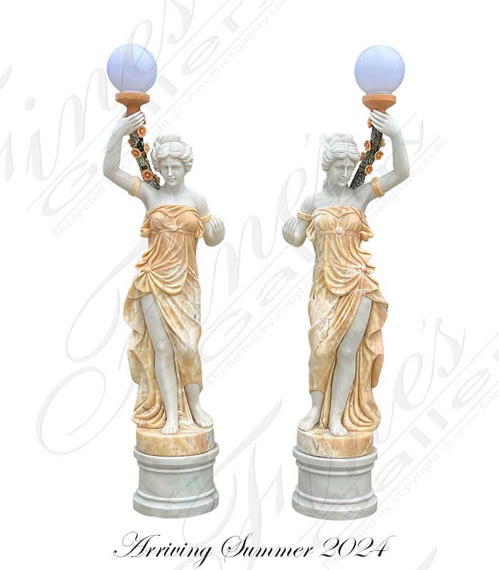 Figural Female Marble Lamp Post Pair
