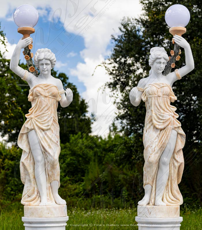 Figural Female Marble Lamp Post Pair