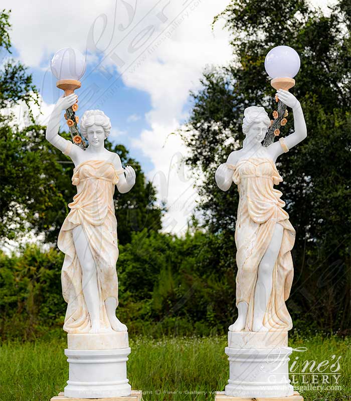 Figural Female Marble Lamp Post Pair