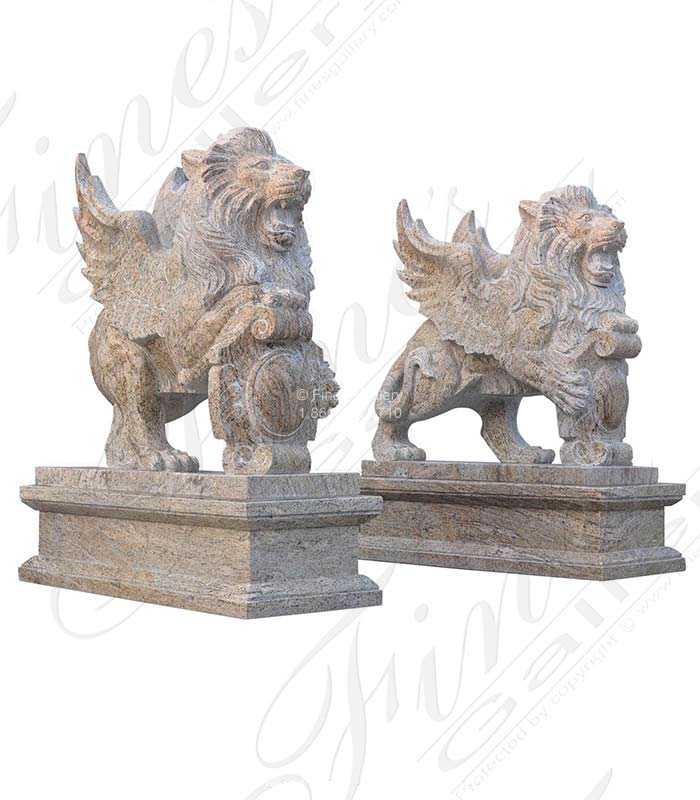 Winged Lion Pair in Hand Carved Granite
