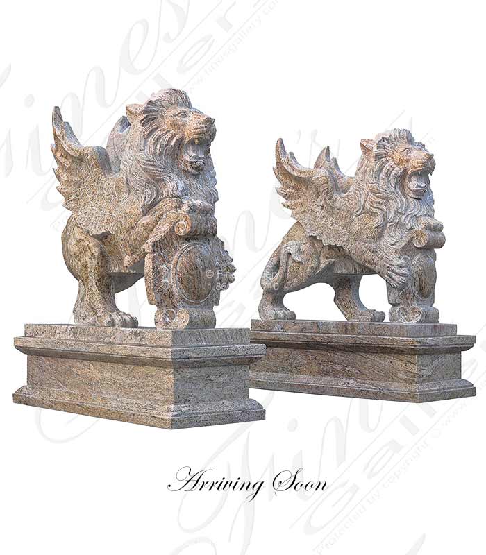 Winged Lion Pair in Hand Carved Granite