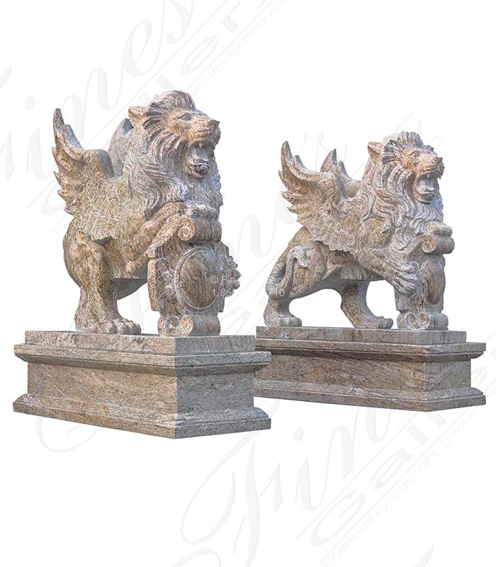 Winged Lion Pair in Hand Carved Granite