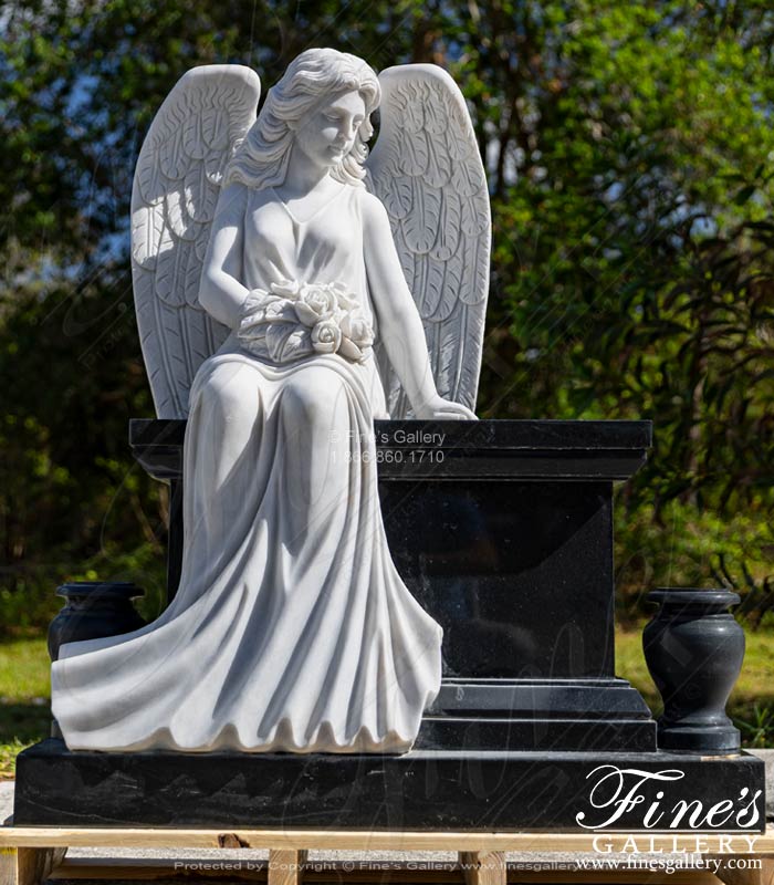 Marble Memorials  - White Marble Angel With Black Granite Bench And Urns - MEM-519